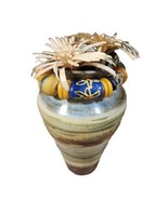 Studio Pottery Vase Signed Green Brown Raku Pot Beads Wooden Flowers 7.5&quot; - £35.30 GBP
