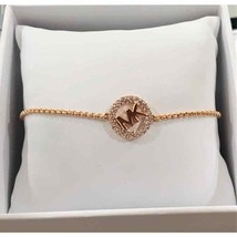 Michael Kors Rose Gold Pave Mk Logo Charm Slider Bracelet MKJX7321791 New - £61.88 GBP