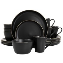 Elama Paul 16 Piece Stoneware Dinnerware Set in Matte Black with Gold Rim - £65.42 GBP