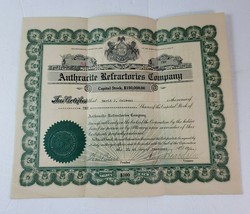 Anthrarite Refractories Co Stock Certificate 10 Shares - Green 1921 Pennsylvania - £23.29 GBP