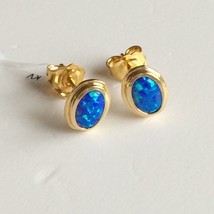 Women&#39;s Italian Stud Earrings 14k Yellow Gold Natural Cabochon Blue Opal 9 mm - £135.22 GBP
