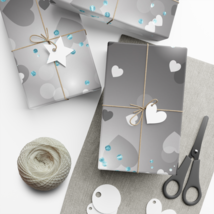 Black and Gray Hearts with Blue Sprinkles Gift Wrap Paper, Eco-Friendly - £11.76 GBP