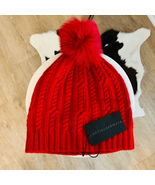 SOFIA CASHMERE Cashmere Cable Knit Genuine Shearling Pompom Beanie Hat R... - $83.22