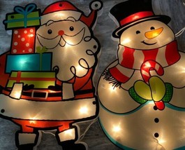 Christmas Lighted Shimmer Snowman &amp; Santa 10 Mini Lights Window Door Hanger - £18.01 GBP