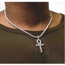 Men&#39;s CZ ANKH Cross Pendant Hip Hop Necklace Stainless Steel ICED Tennis Chain - £15.07 GBP+