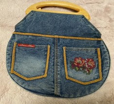 Denim Blues vintage clutch purse handbag wood Handles Boho Y2K embroidered. - £20.57 GBP
