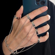 Punk Geometric Silver Color Chain Wrist Bracelet For Women Men Ring Charm Set Co - £8.65 GBP