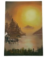 Oil on Canvas Painting Sunset on Lake Old Houses Island Unframed 22&quot;x 15&quot;  - $105.88