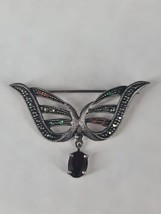 Vintage 925 Silver Ruby  Marcasite Encrusted Brooch 2” Wings, Butterfly  - $17.67
