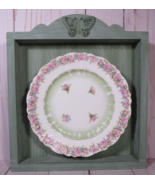 Wall Art VINTAGE Pink Floral Plate in Sage Green Open Frame 8&quot; x 9&quot; OOAK. - £12.51 GBP