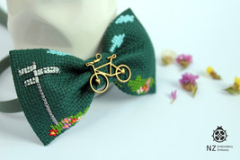 Embroidered Bow Tie For Men, Сross Stitch Green Bow Tie, Bicycle Fan, St... - $26.00