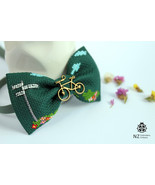Embroidered Bow Tie For Men, Сross Stitch Green Bow Tie, Bicycle Fan, St... - $26.00