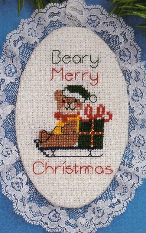 Vintage Cross Stitch Kit Beary Merry Xmas Lace Ornament Designs Needle C... - $15.84