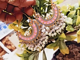 Indian Bollywood Style Minakari Enameled Bali Hoop Earrings Kundan Jewelry Set - £22.77 GBP