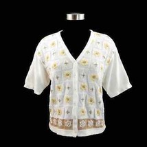 JH Collectibles Floral Off White/Gold Embroidered S/S Button Up Cardigan Women M - £10.67 GBP