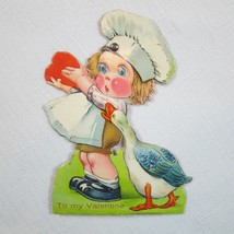 Vintage Valentine Card Mechanical Moving Eyes Chef &amp; Goose Stand Up UNSI... - $29.99