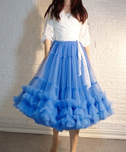 Blue A-line Fluffy Tulle Skirt Women Plus Size Layered Tulle Midi Skirt