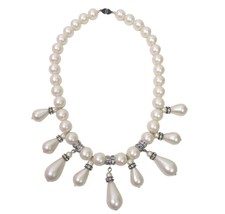 VTG MONET Faux Pearl Rondelle Rhinestone Bib  Necklace Off White Teardrop 16” - £15.63 GBP