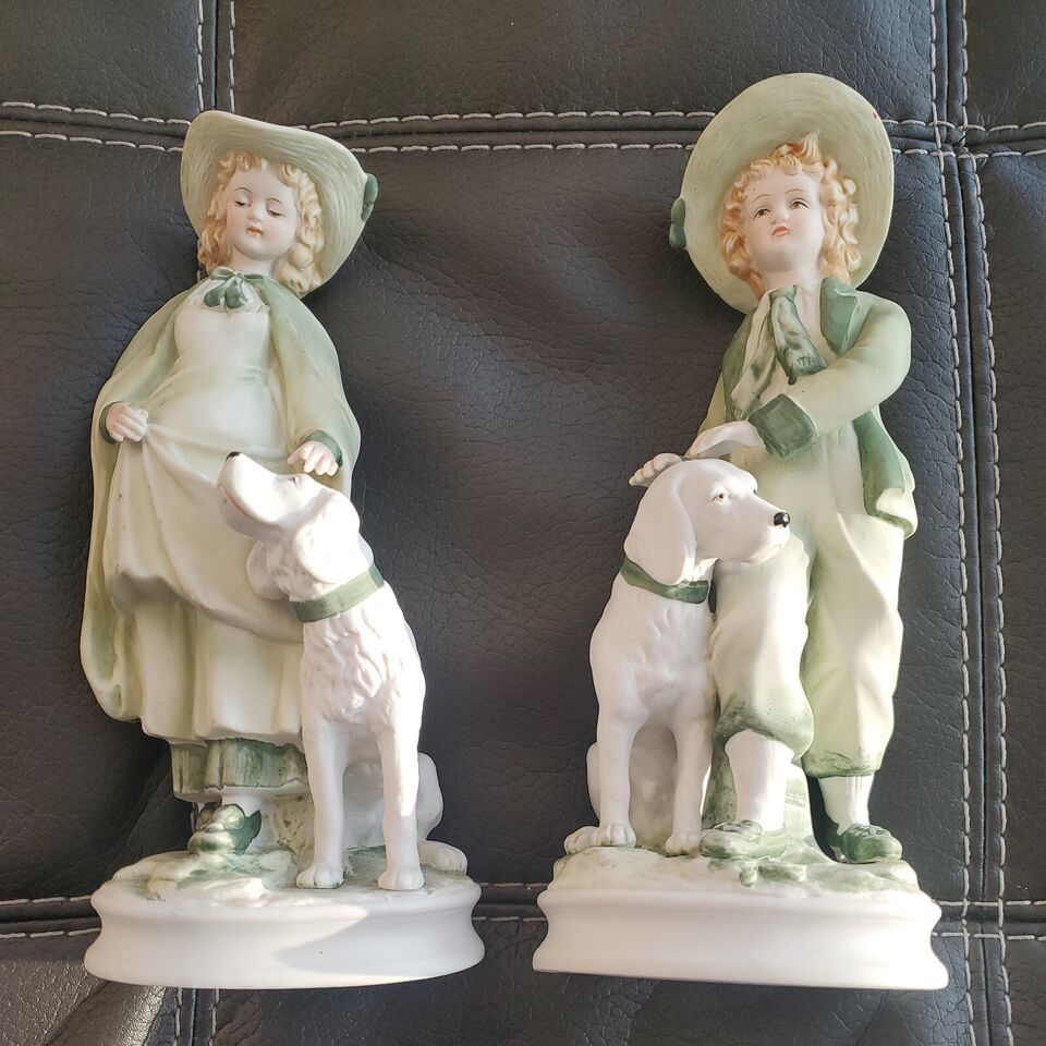 Primary image for 10" ANDREA BY SADEK Bisque Porcelain Figurine Green Girl and Boy with Dog #7154