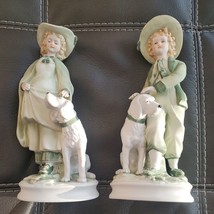 10" ANDREA BY SADEK Bisque Porcelain Figurine Green Girl and Boy with Dog #7154 - $66.49