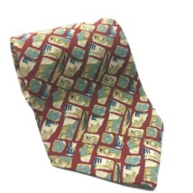 J Garcia Geometric Floral Abstract Red Blue Gold Necktie 100% Silk - £11.84 GBP