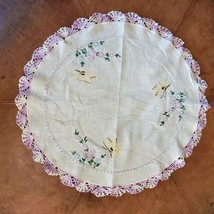 Vintage Butterfly Doily Handmade Embroidery Crochet 17 Inch Lavender Blue Green - £10.50 GBP