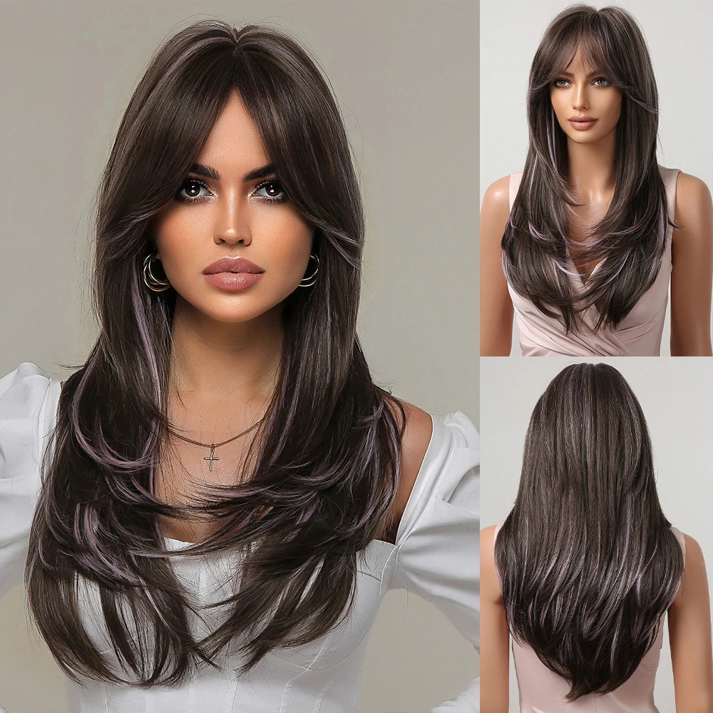 Layered Synthetic Wigs Shoulder Length Straight Dark Brown Highlight Smoke - £24.37 GBP