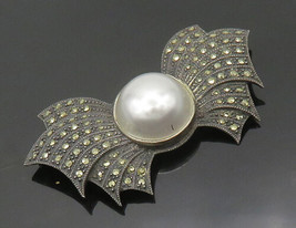 JUDITH JACK 925 Silver - Vintage Pearl Dome &amp; Marcasite Bow Brooch Pin - BP7197 - £87.12 GBP