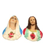 VINTAGE PAIR JESUS &amp; MARY WALL PLAQUES SACRED HEART CHALKWARE PLASTER La... - $128.69
