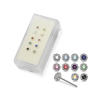 10 PCs In BOX 925 Sterling Silver Twined Flower Round CZ Nose Straight stud 22G - £46.27 GBP