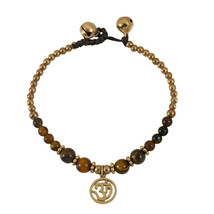 Mystical Aum or Om Brown Tiger&#39;s Eye and Brass Beads Jingle Bell Bracelet - £9.48 GBP