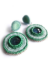 Blue Green Earrings, Contemporary Earrings, Beadwork Earrings, Round Ear... - $412.16 MXN