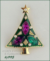 Signed Eisenberg Ice Christmas Tree Pin Rhinestones and Pearls (#J995) - £39.62 GBP