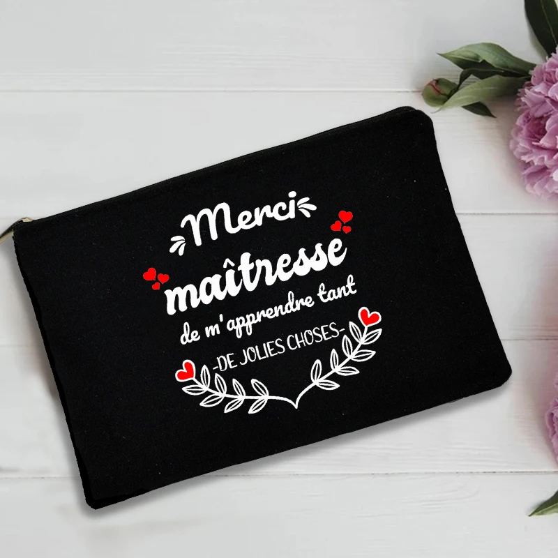 French Print Thank You Mistress Black Wristlet Clutch Bag Merci Matresse Teacher - £45.10 GBP