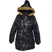 Last Kiss Shiny Quilted Puffer Coat Size Medium Black Zip Up Hooded Faux... - $41.58