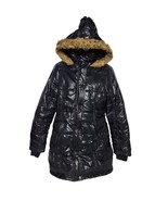 Last Kiss Shiny Quilted Puffer Coat Size Medium Black Zip Up Hooded Faux... - $57.04 CAD