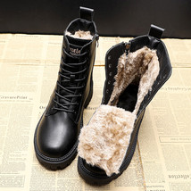 Winter Boots Women Shoes Black Leather Boots Ankle Booties Velvet Plush Warm Pla - £39.39 GBP
