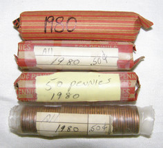 FOUR(4) Full Rolls 1980 Circulated Lincoln Memorial Cent PENNIES=200 Coins Phili - £45.66 GBP
