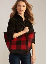 Large Plaid Tote Bag Purse Black Red with Faux Leather Shoulder Straps 19" Wide