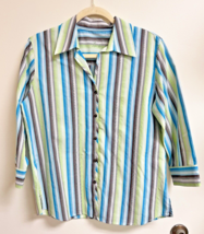 Foxcroft Blue Green Brown Stripe Shirt Blouce Women's Cotton SZ 16 Wrink... - $28.22