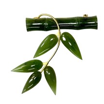 Vintage Jade and Gold Brooch 2&quot; long Bamboo Branch and Leaf design - $47.52