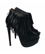 Womens Cleopatra Black Faux Leather Fringe Peep Toe Booties Heels Zipper... - $24.74