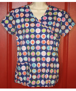 AVIVA Peace Sign &amp; Flowers Pullover V-Neck Scrub Top Size X-Small XS - £9.30 GBP