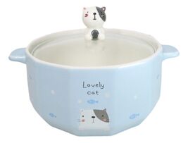 Ceramic Blue Lovely Cat With Fishes 30oz Noodle Dessert Food Bowl W/ Gla... - $19.99