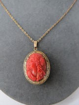 Cameo Repousse Style Pendant Necklace Ornate Frame Black Profile 18&quot; Long Chain - £70.88 GBP