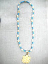 Honu Carved Sea Turtle Pendant On Baby Blue Glass Bead &amp; Whole Shell Necklace - £9.47 GBP