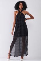 Black Stripped Chiffon Sleeveless Criss-cross Halter Neck Maxi Dress - £20.60 GBP