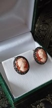 Antique Vintage 1930-s 925 Sterling Silver Cameo Marcasite Stud Earrings - £73.95 GBP
