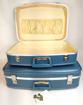 1960s Hard Shell Suitcase Nesting Pair Retro Blue Travel Luggage w/Keys MCM - $98.99