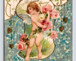Cupid With Roses Valentine Message UNP Unused Winsch Back Embossed Postc... - $10.64